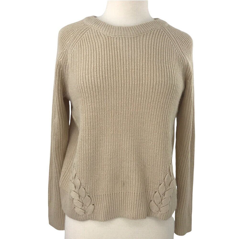 Pink Rose Sweater Womens Medium Cream Knit Embellished Long Sleeve Crew Neck